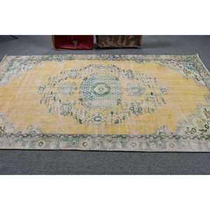 Tapis vintage, grand tapis de 5,3 x 9,6 pieds, tapis en laine jaune et bleu - Product Image 3