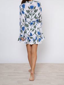 Robe midi en coton imprimé floral bleu-vert style bohème à col en V et manches longues, taille unique, avec sous-robe incluse - Product Image 2