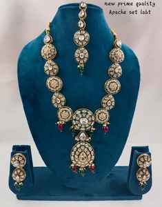 Dernière perle Kundan & Drop indienne fantaisie traditionnelle ton or Kundan moyen collier boucle d'oreille ensemble avec Mangtikka pour femmes filles - Product Image 3