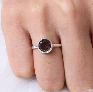 แหวนเงินแท้925แท้แบบเรียบแหวนมินิมอลสำหรับผู้หญิงขนาด10มม. สโมกกี้ควอทซ์เจียระไนและขอบตัดสำหรับงานปาร์ตี้ - Product Image 4