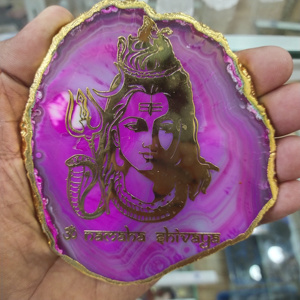 Pink Agate Slice With Gold Edge Laser Engraved <b>Shiva</b> Image Religious Crystal <b>Art</b> Collectible - Product Image 1