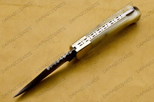 Couteau utilitaire pliant DIY OEM fait main en acier Damas, manche composite ivoire, contreforts en acier, multifonctionnel, compact, de poche - Product Image 3