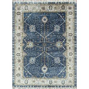 Alfombra de Lana Anudada a Mano Azul Savana PKWL-2105 para Uso Doméstico - Medallón Rectangular con Diseño de Patchwork para Sala de Estar, Pasillo y Entrada - Product Image 1