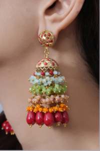 Pendientes de Jadau Jhumki con cuentas múltiples de estilo indio tradicional, pendientes de joyería de alta calidad a la moda para mujeres y niñas - Product Image 2