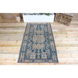 Tapis turc vintage 4,1x7 pieds, tapis en laine bleu et marron à motifs géométriques - Product Image 1