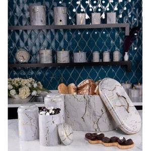 Caja de lata redonda de 4 piezas Juego de cocina Tapa de cúpula Mármol blanco Diseño blanco - Product Image 1