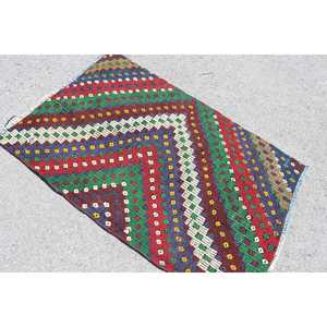 Tapis turc à accents turcs de 3,2 x 5 pieds, tapis en laine à carreaux vintage rouge et vert - Product Image 4