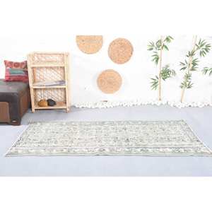 Tapis turc à fleurs modernes beige et vert 3.3x6,3 pieds en laine et fourrure avec support en latex pour décorations de salon - Product Image 1
