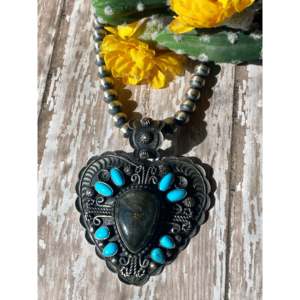 <b>Labradorite</b> and Sleeping Beauty Turquoise Sterling Silver Heart <b>Pendant</b> with Bezel Setting - Product Image 1