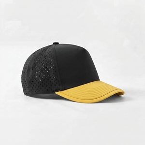 Casquette personnalisée perforée au laser, noire et jaune, en maille, réglable, six panneaux, décontractée, respirante, imperméable, impression sérigraphique, unisexe - Product Image 4