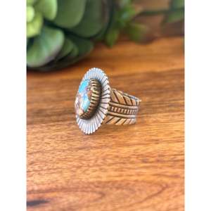 Navajo Golden Hill's <b>Statement</b> <b>Ring</b> Turquoise Sterling <b>Silver</b> Bezel Setting Vermeil Plating Geometric Size 7.75 Everyday Wear - Product Image 4