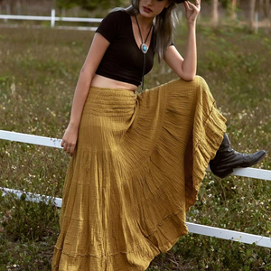 Falda Maxi Bohemia informal para mujer, cintura ahumada, diseño campesino escalonado, fibra Natural, algodón Flexible, bordado, decoración transpirable - Product Image 1