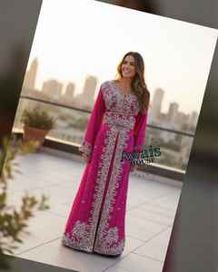 AWAIS HOUSE Solid Floor Length Velvet <b>Sequined</b> Hand Beaded Lightweight Plus Size High Neck Long Sleeve <b>Flared</b> Hem Evening Party - Product Image 2