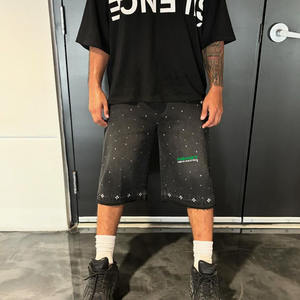 Shorts Vaqueros de Mezclilla para Hombre al por Mayor, Estilo Urbano, Cristales, Holgados, Vintage, Lavados, con Pedrería, Transpirables, 100% Algodón - Product Image 4