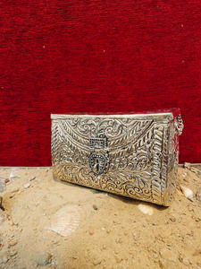 Indian Fully Handcrafted Vintage <b>Silver</b> Metal Evening <b>Clutch</b> with Chain Strap Luxury Womens Wedding Party Statement Handbag Made - Product Image 4