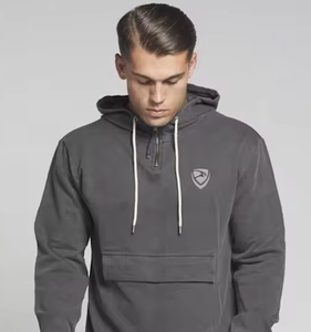 เสื้อฮู้ดผู้ชายไซส์ใหญ่แบบสวม คอซิปครึ่งตัว ผ้าฟลีซ สีเทาควันบุหรี่ ย้อมสีพื้น มีกระเป๋าหน้า ระบายอากาศได้ดี เหมาะสำหรับฤดูหนาว - Product Image 3