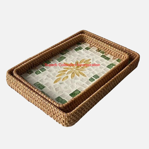 Plateau de service en rotin rond fait main avec incrustation de nacre et poignées panier décoratif en osier pour table basse et décoration intérieure - Product Image 2