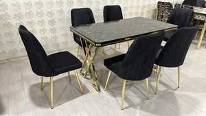 Ensemble de meubles de salle à manger modernes et élégants 1 table 6 chaises bureau fixe tissu métal meubles de maison pour cuisine élégante utilisation villa - Product Image 4