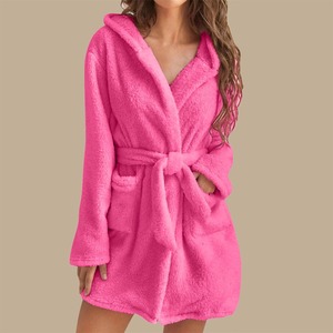 Haute qualité 100% polyester femmes couleur unie col en v peignoir automne et hiver avec cordon de serrage fermeture genou longueur femmes - Product Image 3