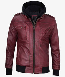 Chaqueta Bomber de Cuero Genuino Color Granate para Hombre, con Capucha Desmontable, Estilo Vintage Personalizado, Chaqueta de Motociclista Desgastada, Corte Ajustado - Product Image 2