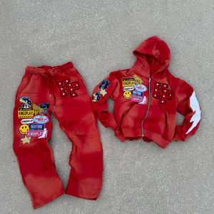 Sweat Jogger Stacked <b>Pants</b> Tracksuit Set 2 Piece Sets Sweat Suits Custom Puff Print Washed <b>Cropped</b> Hoodie and Sweatpants Set - Product Image 1