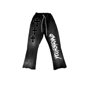 กางเกงสเวตแพนท์ทรงตรงขาบานสไตล์วินเทจพิมพ์ลาย Y2K ผ้าฝ้ายคุณภาพสูงสีดำล้างสีแบบแอซิดวอชสำหรับผู้ชาย - Product Image 5