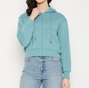 Women's Casual Cropped <b>Zip</b> - <b>up</b> <b>Hoodie</b>, Solid Color Long - Sleeve Hooded Sweatshirt Fleece Thickened Loose Women's hoodies - Product Image 1