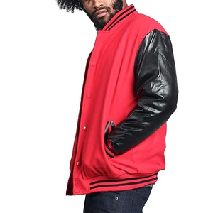 Chaqueta universitaria de lana personalizada Letterman para hombre, cuero auténtico con cuello levantado, parches bordados en negro y rojo, etiquetas para hombre y mujer - Product Image 3