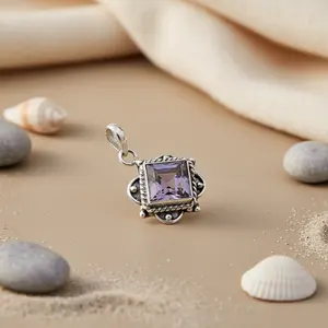 จี้ห้อยคอทำมือประดับอเมทิสต์สีโรสโกลด์สำหรับผู้หญิง-เครื่องประดับควอตซ์เงินแท้ 925 ของขวัญ - Product Image 1