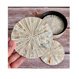 Dessous de verre à thé décor fait à la main nacre incrustation sous-verres ronds ensemble avec support et 6 sous-verres verts Protection de table - Product Image 1
