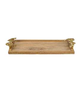 Plateau de service rectangulaire en bois de manguier de qualité supérieure, écologique, décoratif, finition laquée, poignées en feuille d'or, pour mariage et événements - Product Image 3