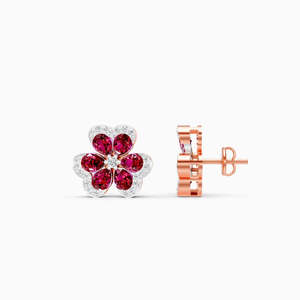 Boucles d'oreilles à fleurs plaquées or rose avec zircon rouge et accents de diamants pour femmes, cadeau de bijoux romantique - Product Image 1