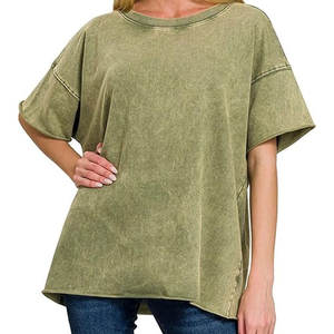 T-shirt délavé à l'acide de grande taille S à vendre T-shirt à manches courtes décontracté et simple pour femmes délavé à l'acide 100% coton - Product Image 1