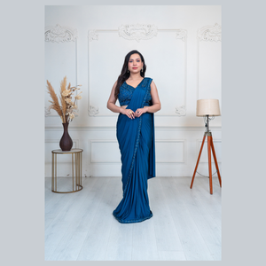 Venta caliente Listo para usar Saree en tela de cristal líquido azul profundo con hilo artístico y detalles a mano de La India al por mayor - Product Image 1