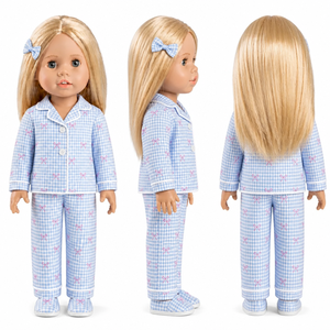 Set Pigiama per Bambole in Cotone Gingham a Maniche Lunghe con Bottoni Frontali, Pigiama con Bordo Bianco e Fiocco Rosa Stampato, Ciabatte per Bambole da 18 Pollici - Product Image 3