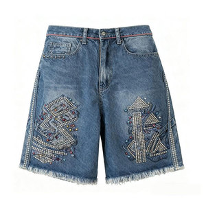 Shorts Bermuda en jean taille haute pour homme, brodés de sequins à motif géométrique, style urbain, braguette boutonnée, ourlet effiloché - Product Image 1