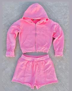 Sudaderas con capucha y pantalones cortos desgastados informales personalizados para mujer, conjunto de chándal de 2 piezas, forro polar de algodón 100% de alta calidad, transpirable y cómodo - Product Image 2