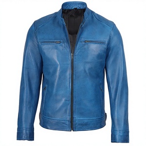 2026 OEM Hot Trending Original Sky Blue Cowhide <b>Leather</b> <b>Jacket</b> For Men's Zip Pockets High Quality Low MOQ <b>Winter</b> Fashion <b>Jackets</b> - Product Image 1