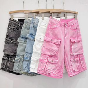 กางเกงยีนส์ขาสั้นผ้าฝ้ายสำหรับผู้ชายกางเกงขาบานแบบย้อนยุคขากว้างสีชมพูคุณภาพสูง2025 - Product Image 1
