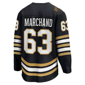 Maillot de hockey sur glace personnalisé, uniforme d'équipe professionnelle, noir, blanc, or, rayé, Marchand 63, Pastrnak 88, haut athlétique personnalisé - Product Image 5