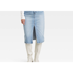 Gonna midi in denim distressed a vita alta da donna, taglia 10, lavaggio chiaro, con bottoni decorativi, modello a tubino/dritto, per l'autunno - Product Image 2