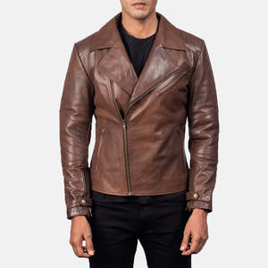 Veste de motard réversible en cuir de vache véritable marron - Taille XS - Fermeture à glissière - Product Image 1