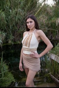 Women's Stylish <b>White</b> Rayon Bohemian Crop <b>Top</b> Halter Neck Sleeveless Floral <b>Embellished</b> <b>Top</b> Breathable Knitted for Girls - Product Image 5