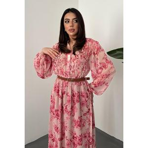 <b>Pink</b> Solid Autumn Breathable Long Sleeve Midi Dress with Piping Detail-100% Cotton Woven Natural Waist A-Line Silhouette - Product Image 3