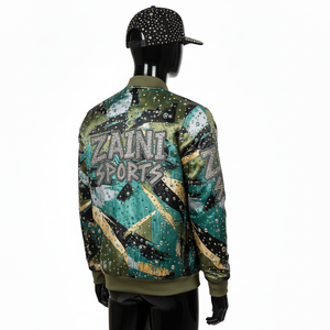 Veste en satin premium avec une brillance douce, couleurs abstraites vert, noir et or, et logo personnalisé en strass, veste en satin pour homme - Product Image 4