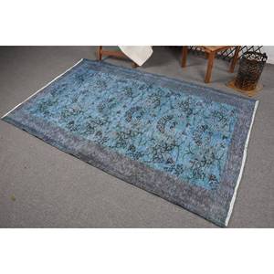 Alfombra de lana turca Vintage de 4x7 pies, alfombra de área de retazos azul y negra, respaldo de látex, tejido plano para decoraciones para sala de estar, uso en pasillo - Product Image 4