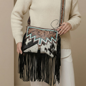 Handcrafted Cowhide Fringe Sling <b>Bag</b> Western Tooled Leather Crossbody <b>Boho</b> Tassel <b>Bag</b> for Women Turquoise <b>Bag</b> Cowgirl Purses - Product Image 4