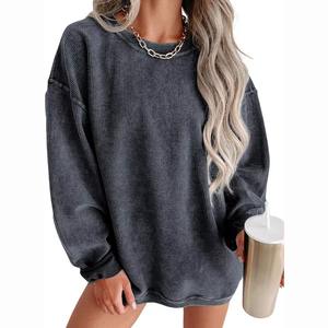 Venta al por mayor a granel en blanco liso de gran tamaño de punto acanalado hombro caído cuello redondo mujeres pulóver personalizado sudadera de manga larga - Product Image 6