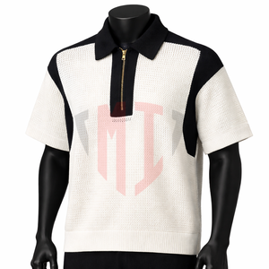 Suéter Polo de Punto para Hombre, Manga Corta, Media Cremallera, Bloques de Color, Fabricante OEM ODM de Marca Privada - Product Image 1