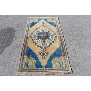 Tapis turc vintage à accents décoratifs 3,2x5,9 pieds, tapis en laine bleu marron à motifs floraux - Product Image 1